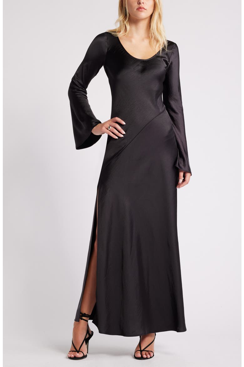 Open Edit Long Sleeve Bias Cut Satin Maxi Dress (Women)