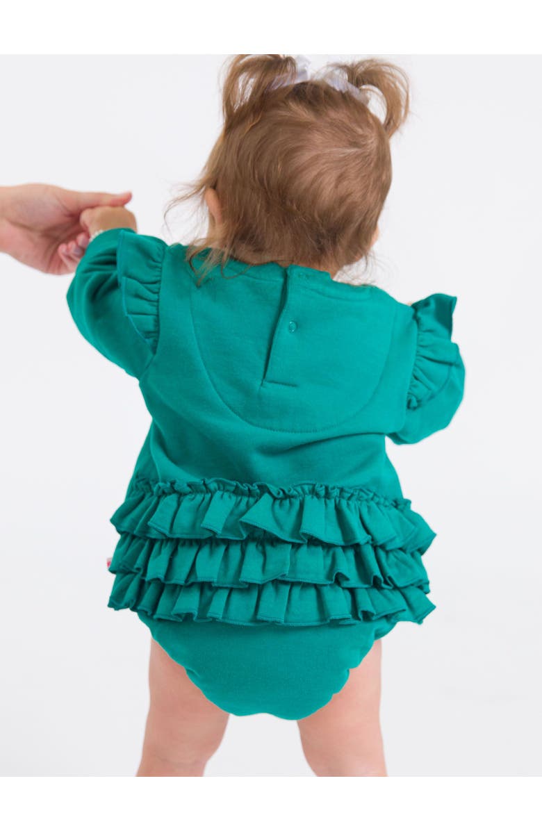 RuffleButts Baby Girls Sweatshirt Bubble Romper, Alternate, color, Emerald Green