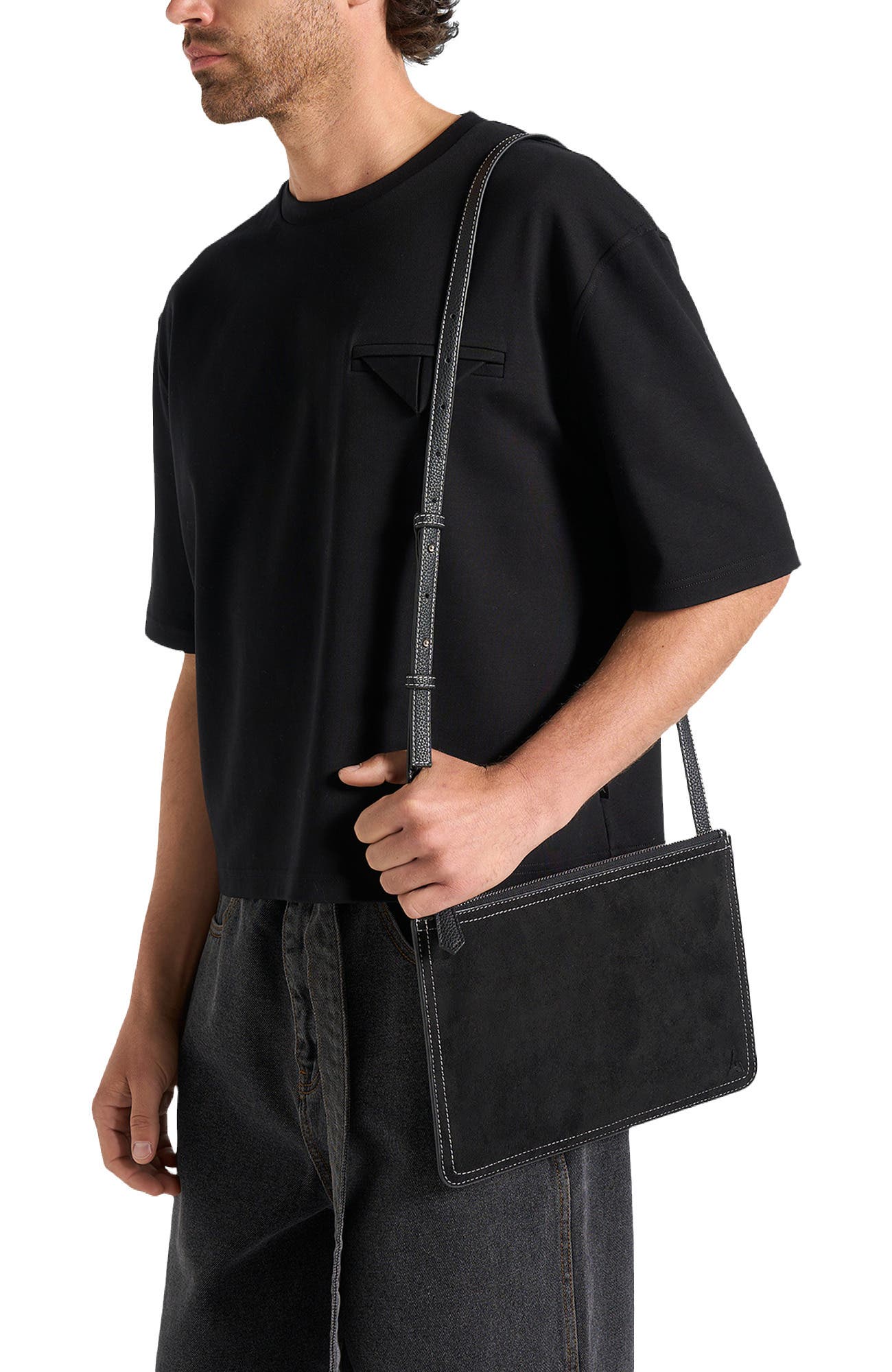 Manière De Voir Elio Suede Contrast Stitch Crossbody Bag, Alternate, color, 