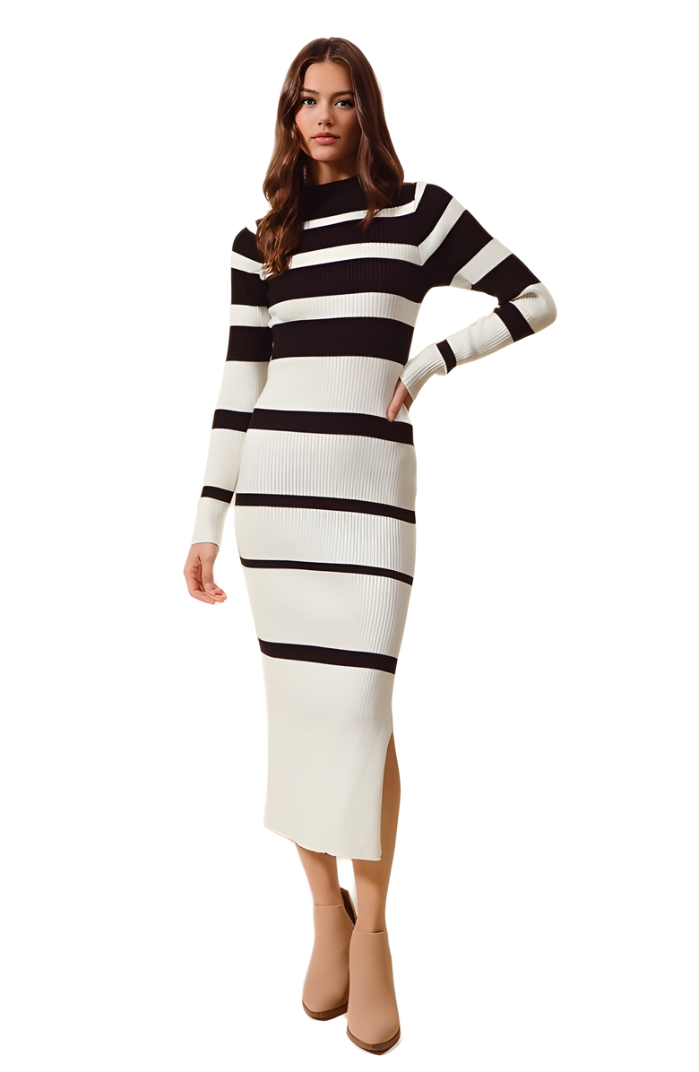 Knit and Lounge Striped Long Sleeve Knit Bodycon Dress, Main, color, Black/Ivory Striped