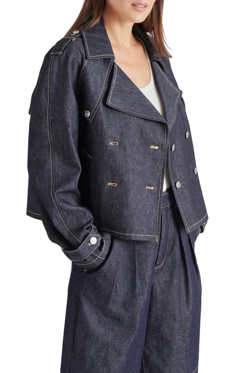 Steve Madden Sirus Crop Denim Trench Coat, Alternate, color, Dark Indigo