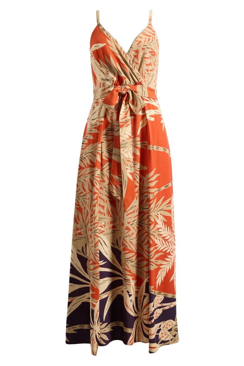 Palm Print Belted Maxi Dress, Alternate, color, CAFE