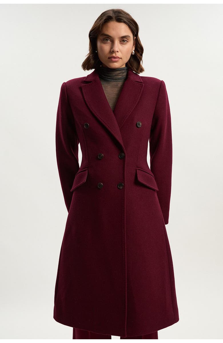 Karen Millen Wool Double Breasted Midi Coat, Main, color, Burgundy