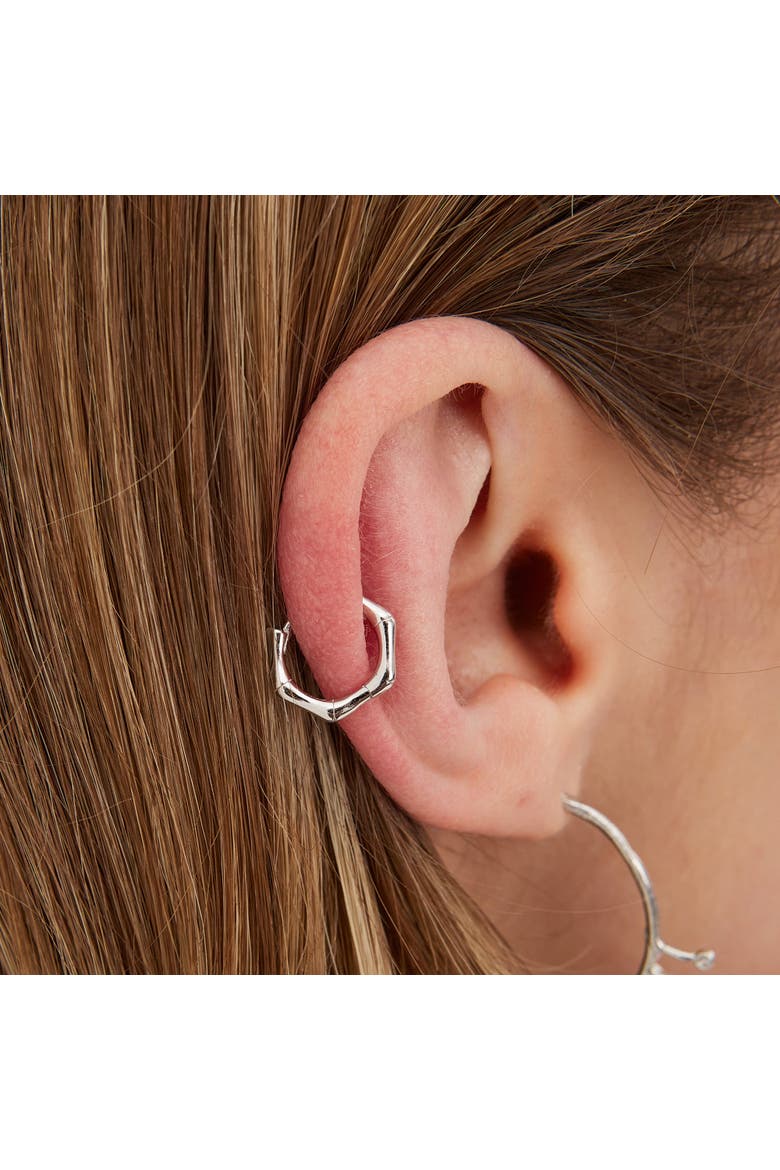 Bone Shape Hexagonal Huggie Hoop Earrings in Sterling Silver, Alternate, color, Silver