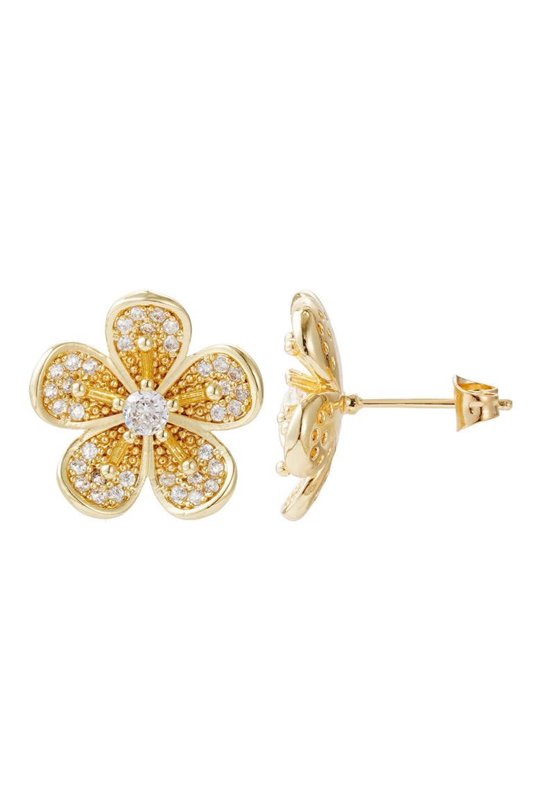 14K Gold Plated Cubic Zirconia Flower Stud Earrings, Alternate, color, GOLD