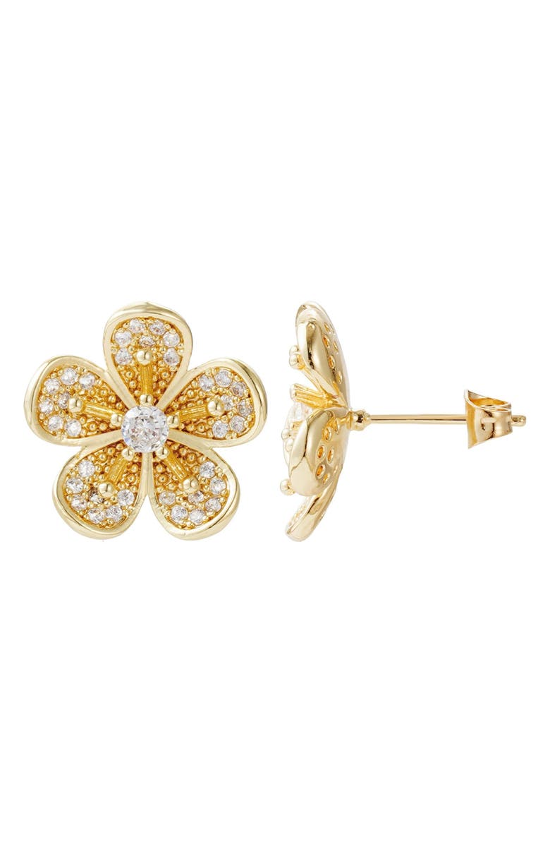 Adornia 14K Gold Plated Cubic Zirconia Flower Stud Earrings, Alternate, color, Gold