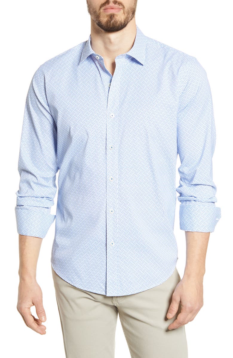 Bugatchi Shaped Fit Print Button-Up Performance Shirt, Main, color, 