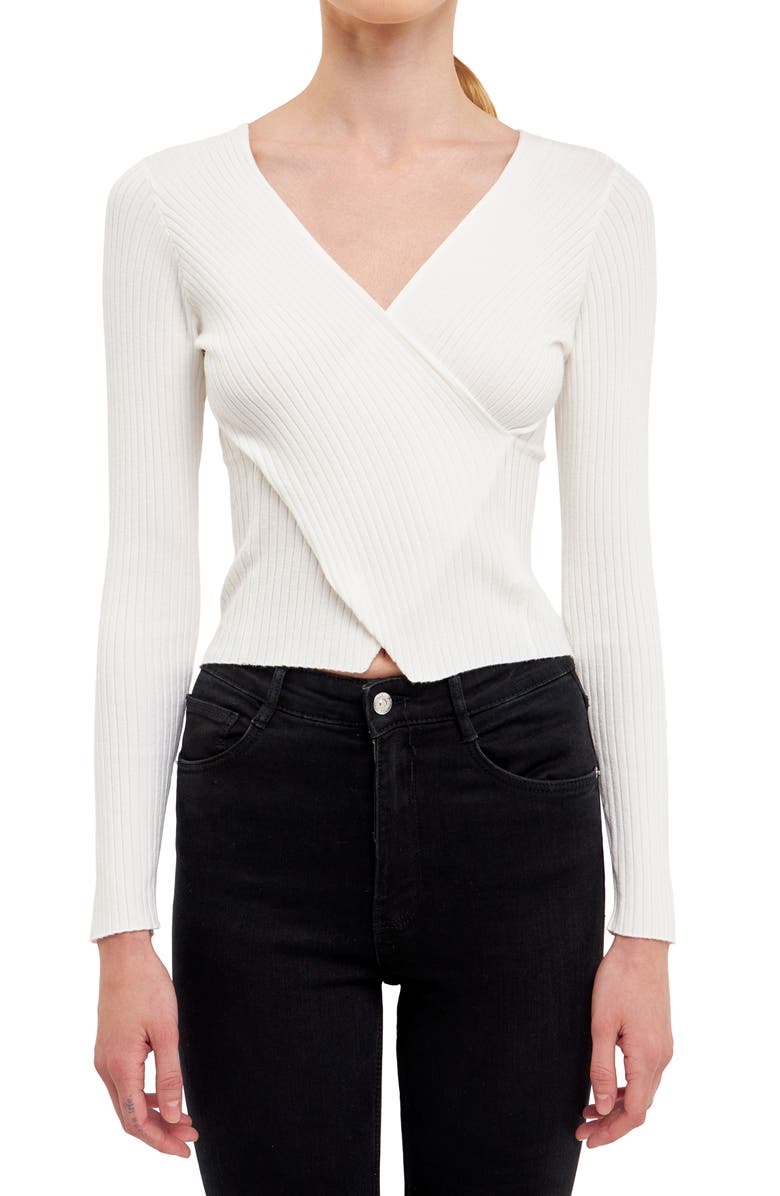 Endless Rose Wrap Front Rib Sweater, Alternate, color, White