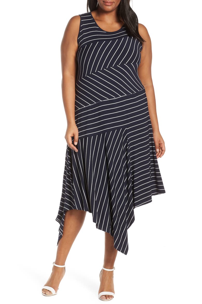 Stripe Asymmetrical Hem Dress, Main, color, CLASSIC NAVY
