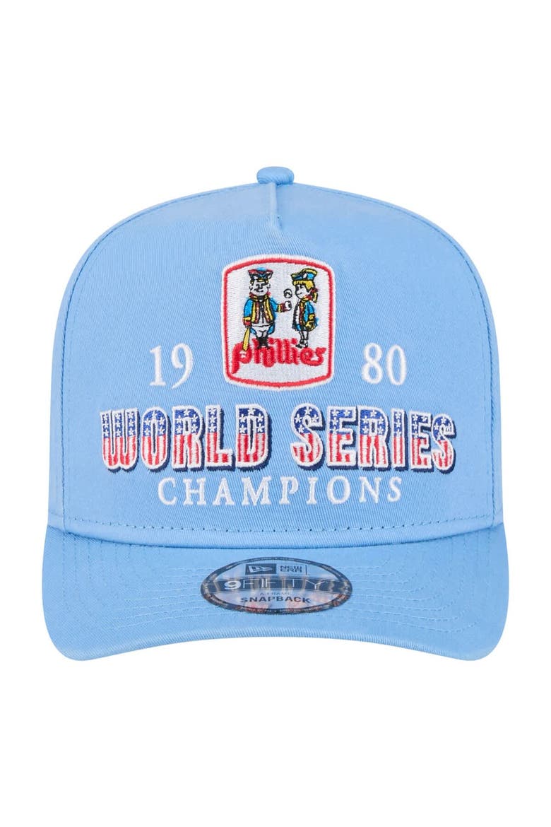 Men's New Era Light Blue Philadelphia Phillies 1980 World Series Champions Throwback 9FIFTY A-Frame Snapback Hat, Alternate, color, Light Blue