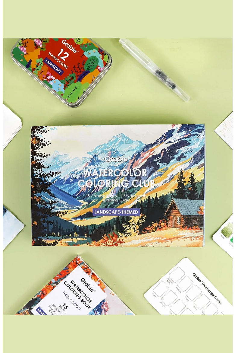 Landscape Themed Watercolor Coloring Club Box, Alternate, color, Blue-Green