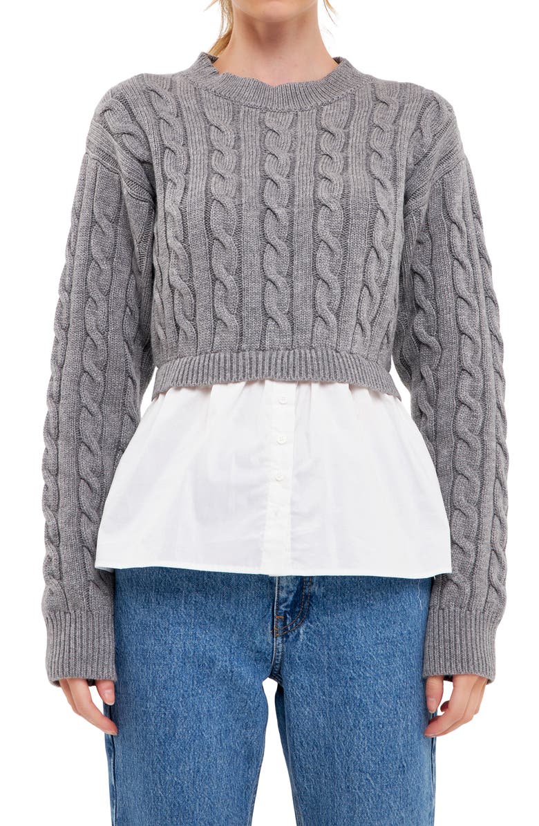 English Factory Layered Cable Sweater, Alternate, color, Grey