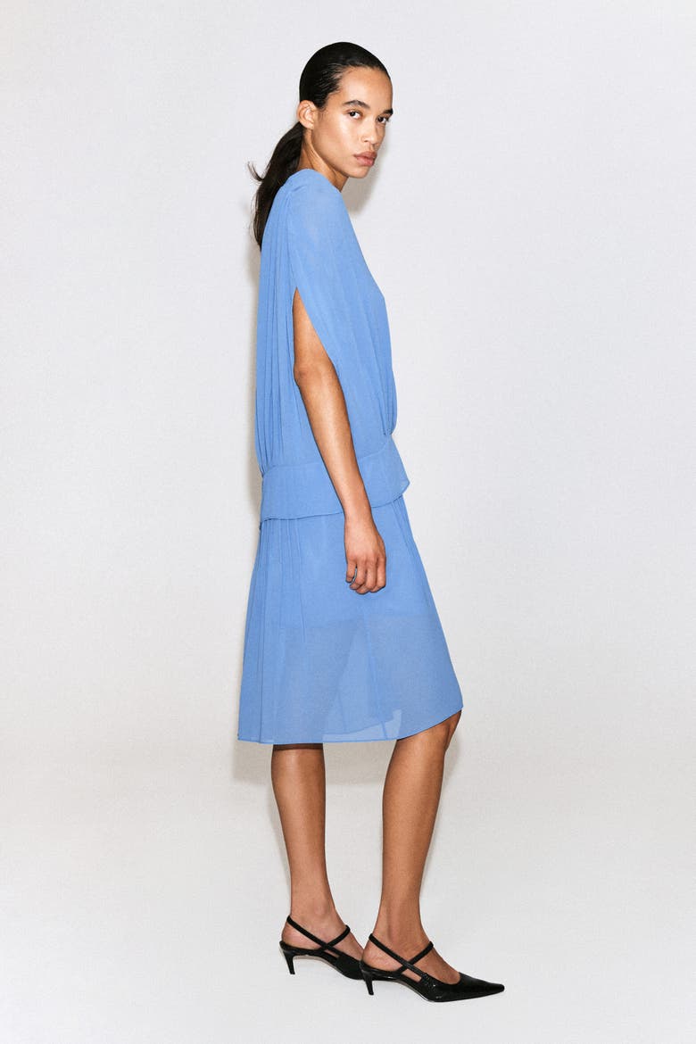 Draped Pleated V-Neck Midi Dress, Alternate, color, BLUE