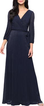 Alex Evenings Metallic Micro Pleated Mesh Gown