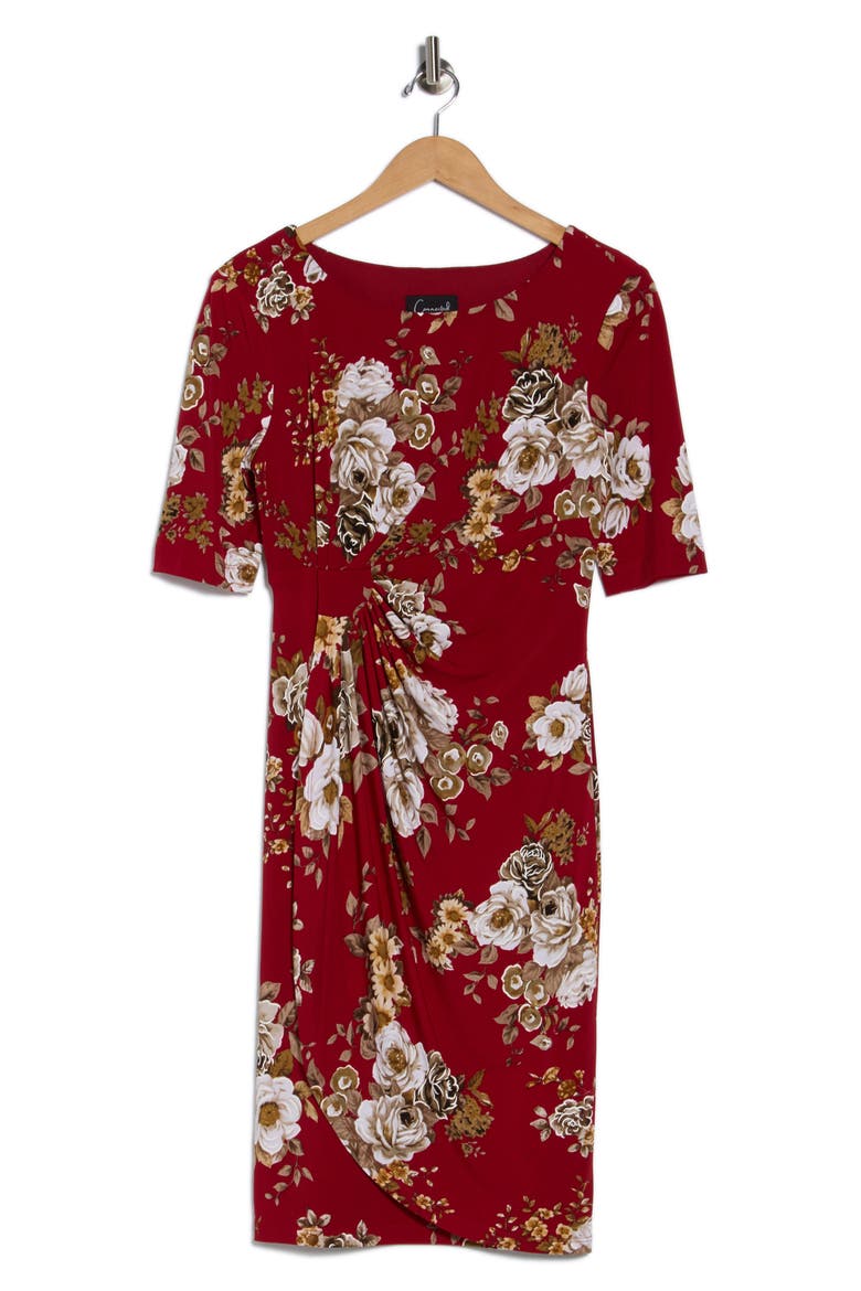 Floral 3/4 Sleeve Faux Wrap Dress, Alternate, color, CRIMSON