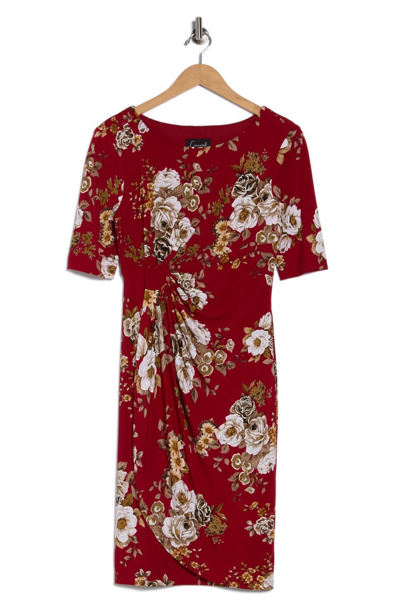 Connected Apparel Floral 3/4 Sleeve Faux Wrap Dress, Alternate, color, Crimson