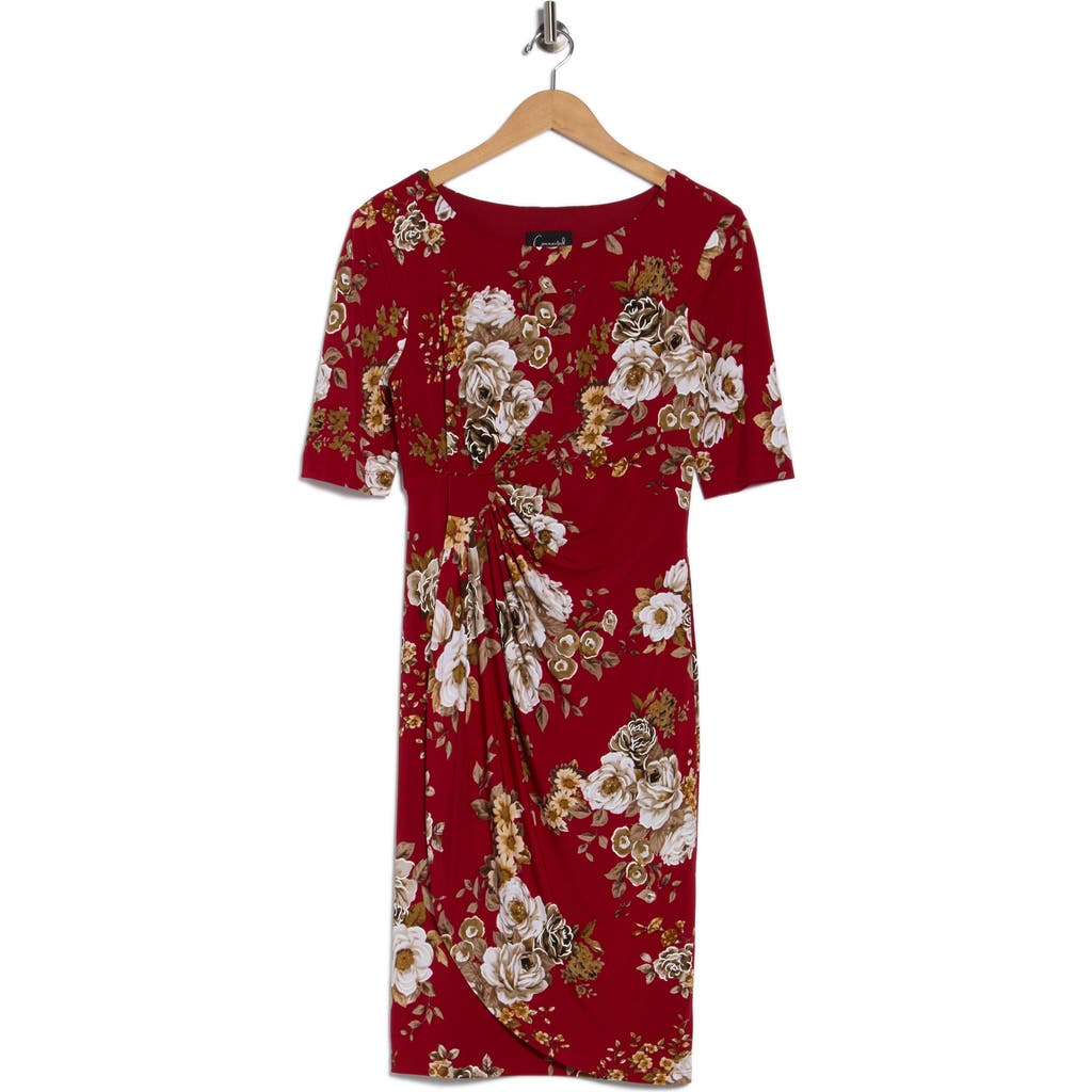 Connected Apparel Floral 3/4 Sleeve Faux Wrap Dress In Brown