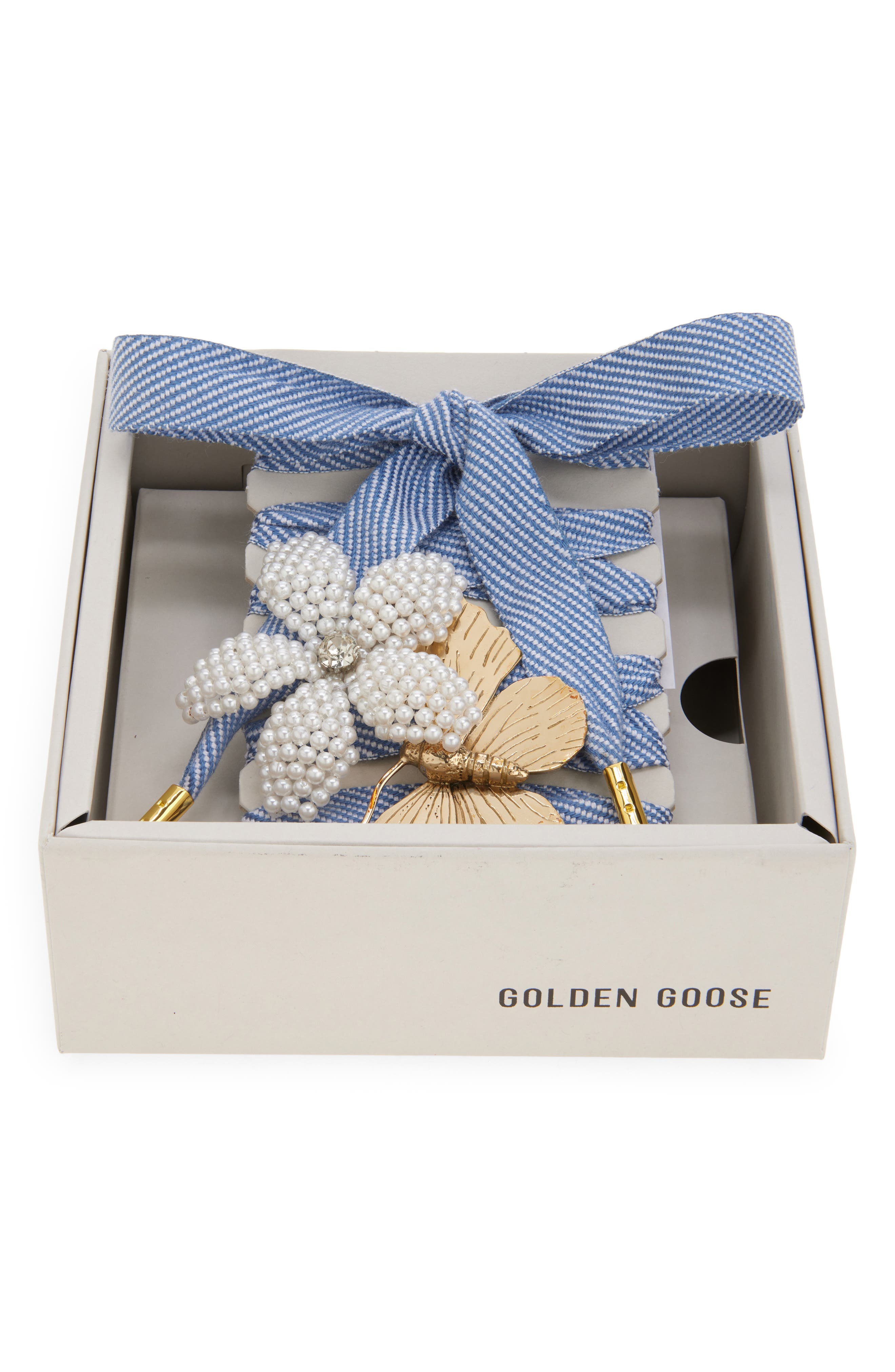 Skins Faux Pearl Flower & Butterfly Charm Shoelaces, Main, color, LIGHT BLUE