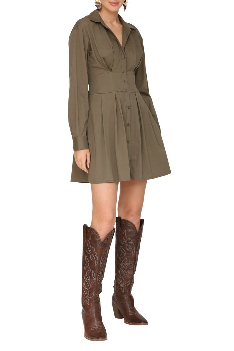 Corseted Long Sleeve Shirtdress, Alternate, color, BAYLEAF