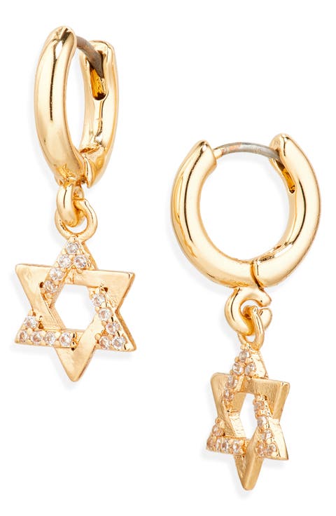 Star of David Cubic Zirconia Drop Huggie Hoop Earrings