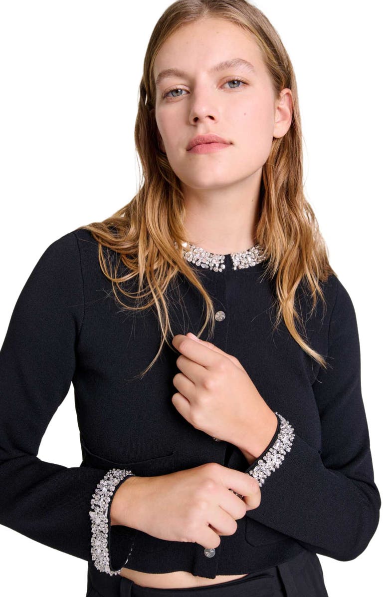 maje Cardigan with rhinestone trim, Alternate, color,