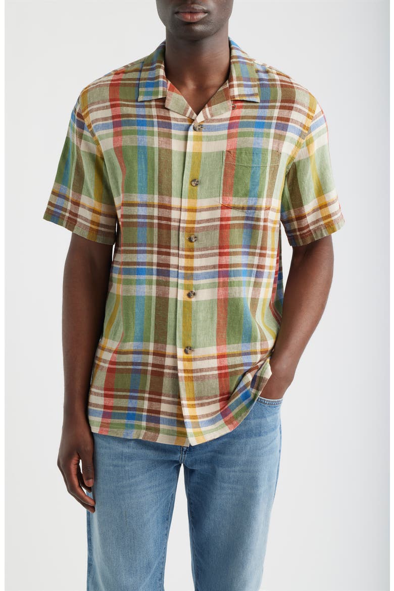 Plaid Linen Blend Camp Shirt, Main, color, GREEN MULTI PLAID