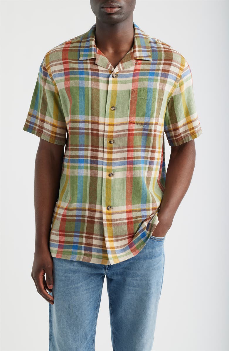 Pendleton Plaid Linen Blend Camp Shirt, Main, color, Green Multi Plaid