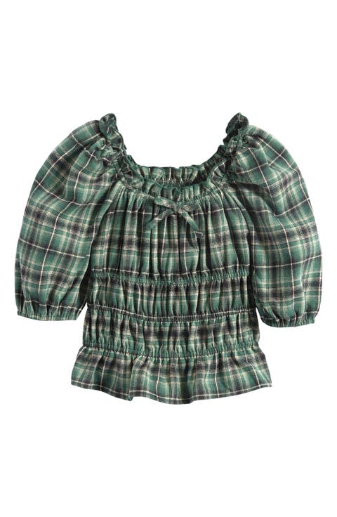 Kids' Plaid Smocked Square Neck Top