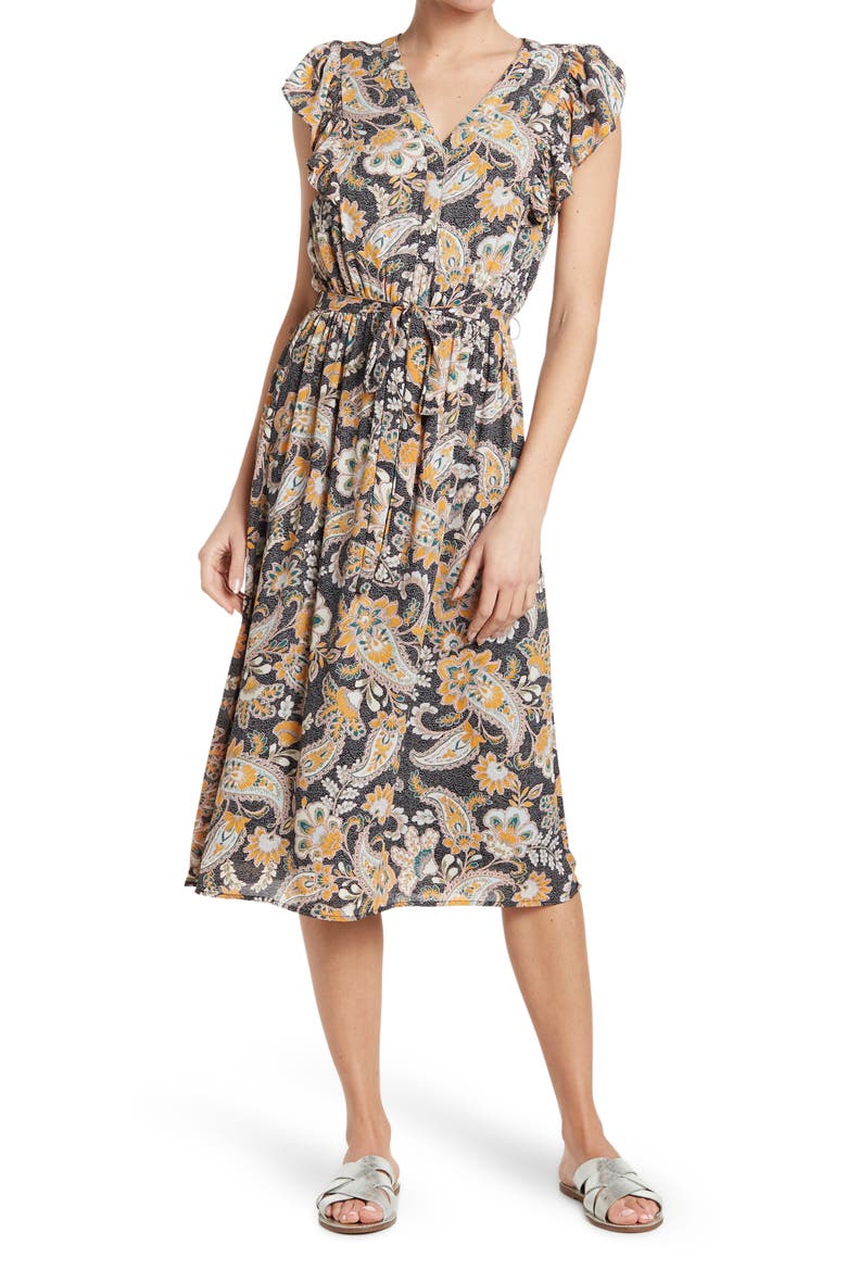 Flutter Sleeve Midi Dress, Main, color, I101 BLACK
