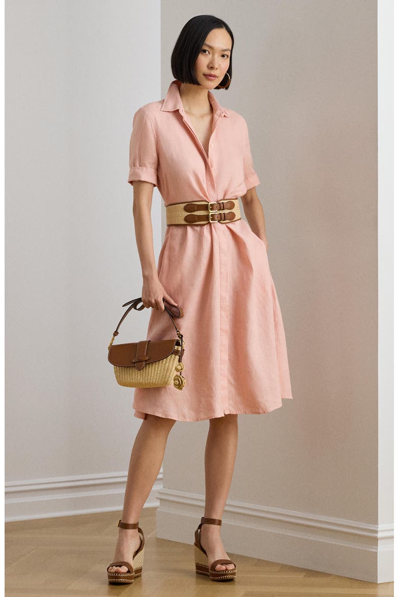 Tie Front Linen Shirtdress, Alternate, color, PINK RHODONITE