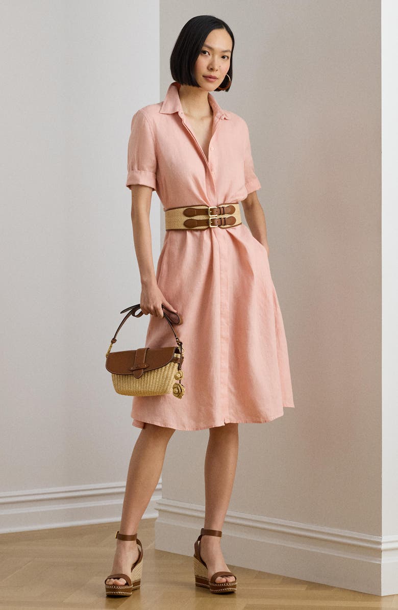Lauren Ralph Lauren Tie Front Linen Shirtdress, Alternate, color, Pink Rhodonite