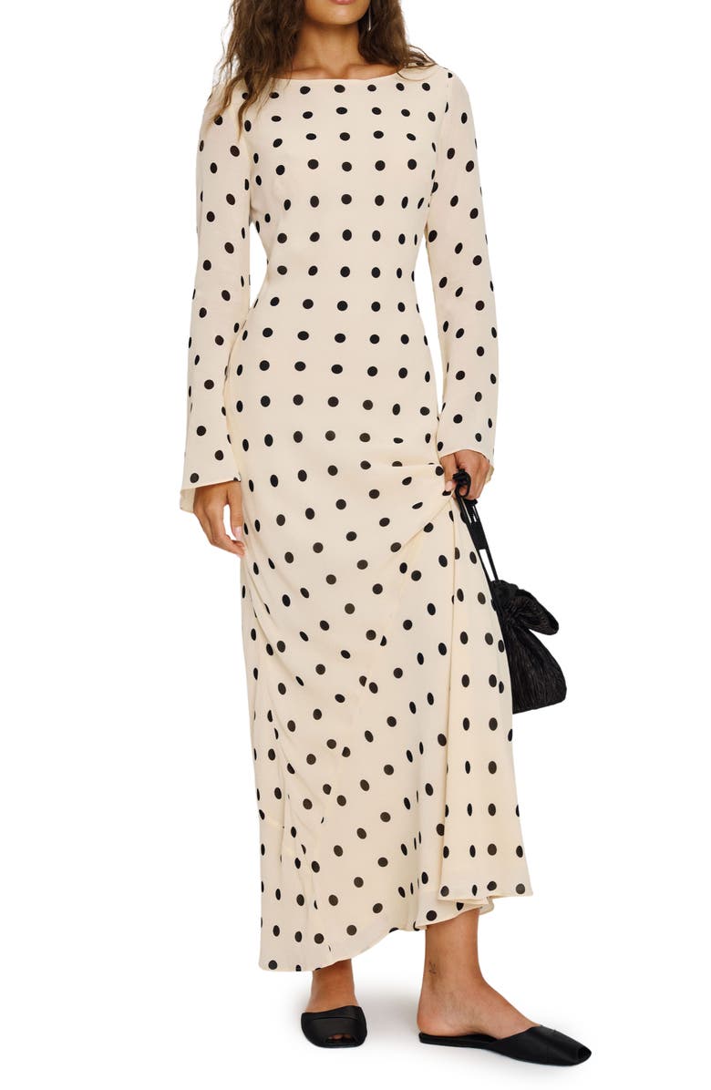Reformation Esra Polka Dot Long Sleeve Maxi Dress, Main, color, Sundae Dot
