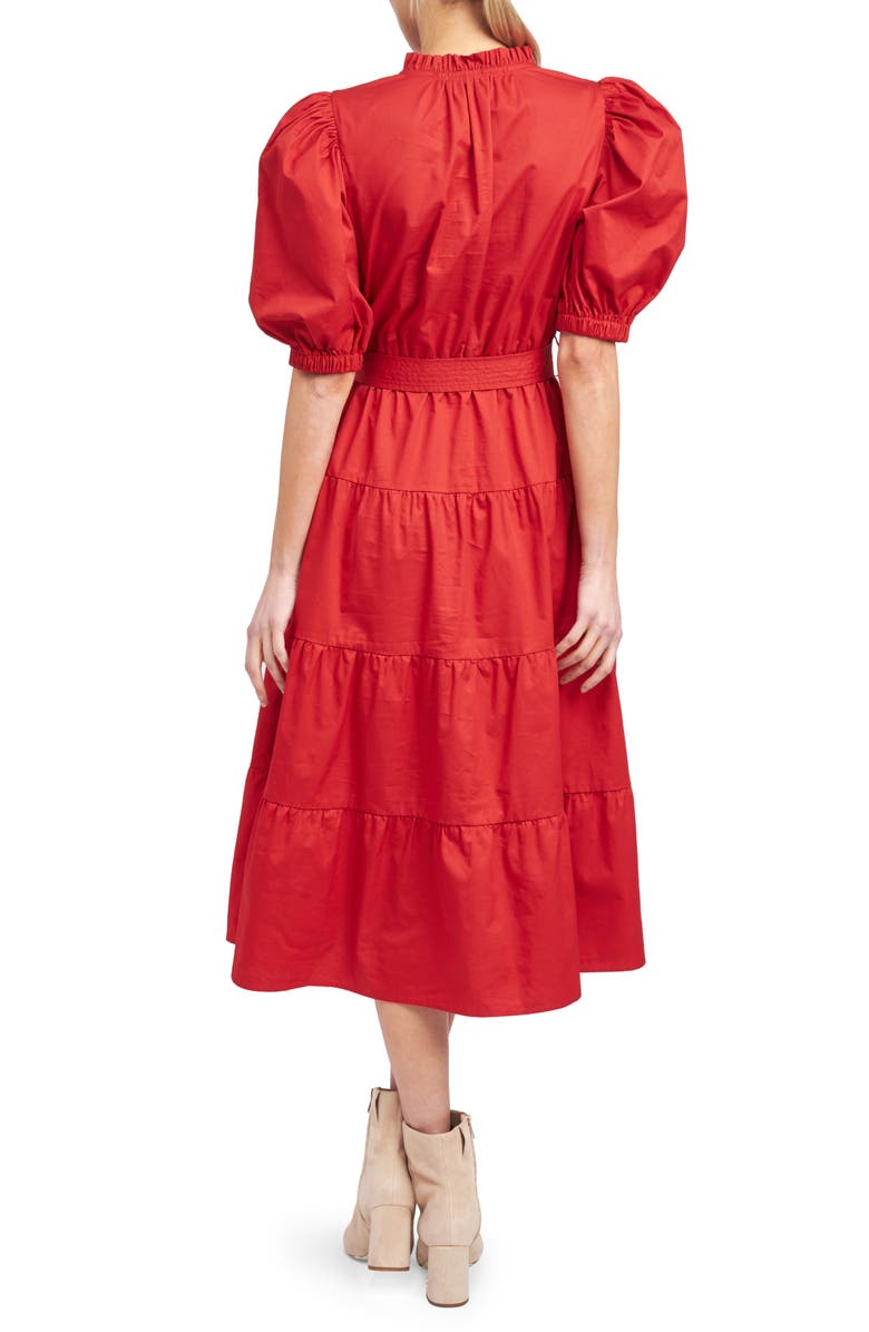 En Saison Tiered Tie Waist Puff Sleeve Poplin Midi Dress, Alternate, color, 