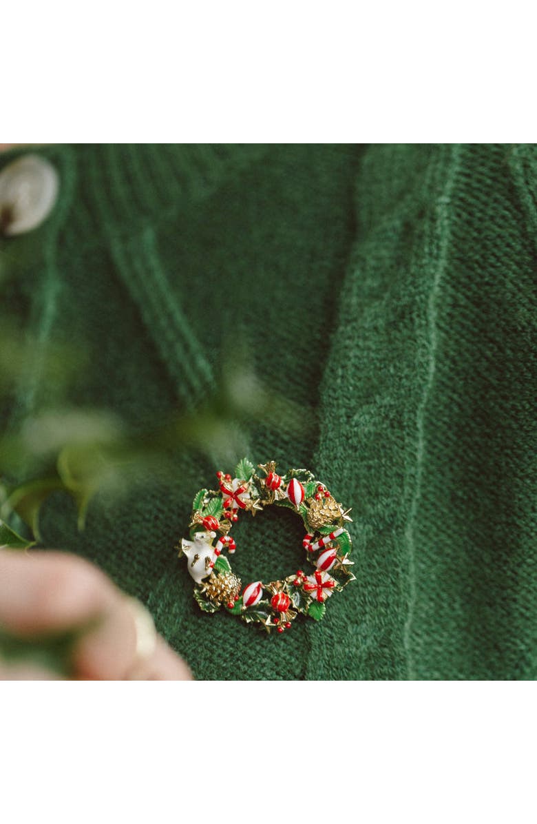 Bill Skinner Studio Christmas Mouse in the Wreath Brooch, Alternate, color, Christmas Mouse In The Wreath