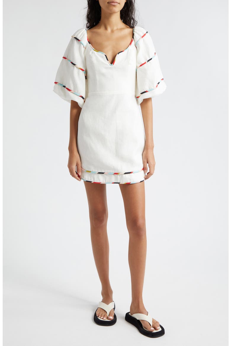 Stripe Trim Puff Sleeve Linen Minidress, Main, color, WHITE