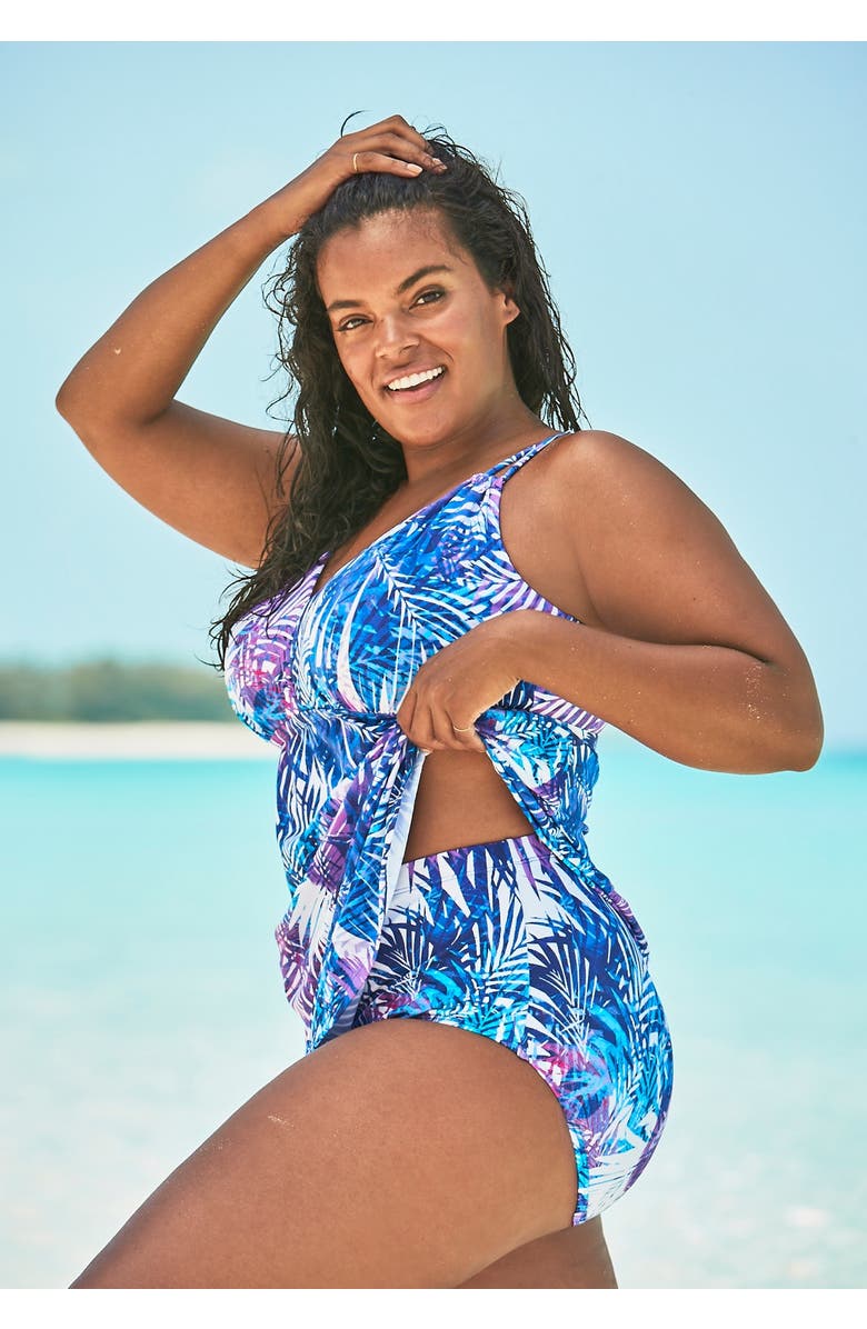 Swim 365 Loop-Strap V-Neck Tummy Control Two-Piece Swim Dress, Alternate, color, Black Stencil Leaf Print