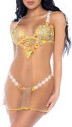 Mapale Embroidered Mesh Underwire Babydoll Chemise & Thong Set