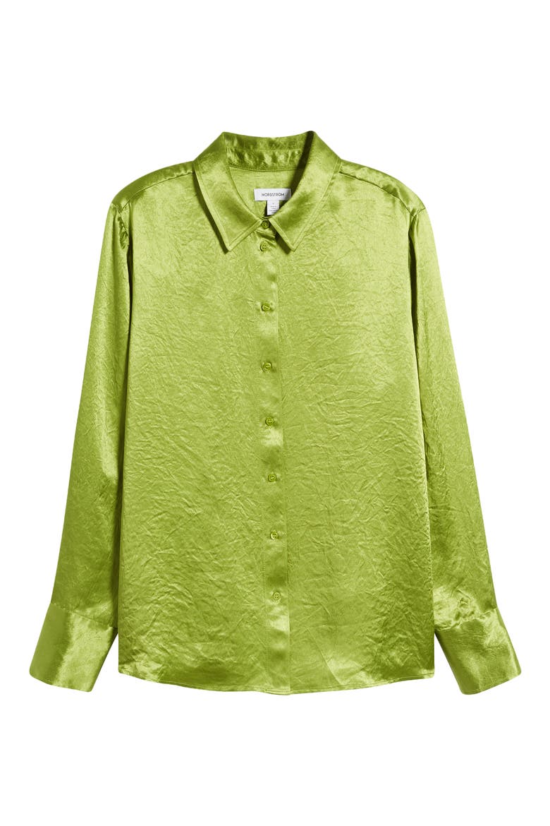 Hammered Satin Button-Up Shirt, Alternate, color, OLIVE BEAN