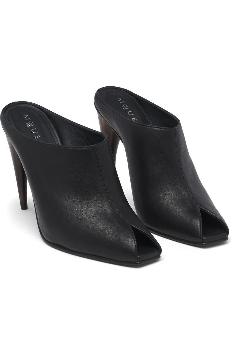 McQueen Horn Shaped Heel Peep Toe Mule, Main, color, Black