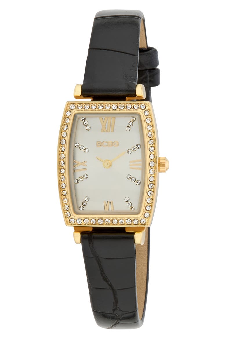 Tonneau Crystal Faux Leather Strap Watch, 26mm, Main, color, BLACK