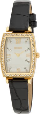 BCBG Tonneau Crystal Faux Leather Strap Watch, 26mm