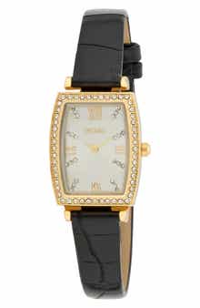 BCBG Tonneau Crystal Faux Leather Strap Watch, 26mm
