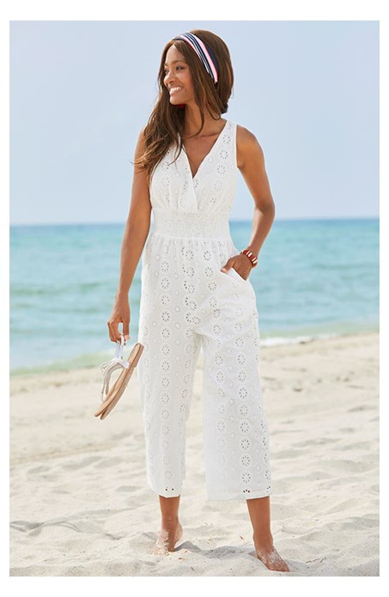 LASCANA Women's Sleeveless Eyelet Jumpsuit, Alternate, color, White