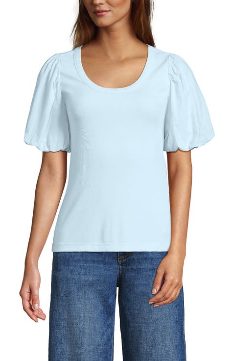 Drapey Rib Puff Sleeve Scoop Neck Top