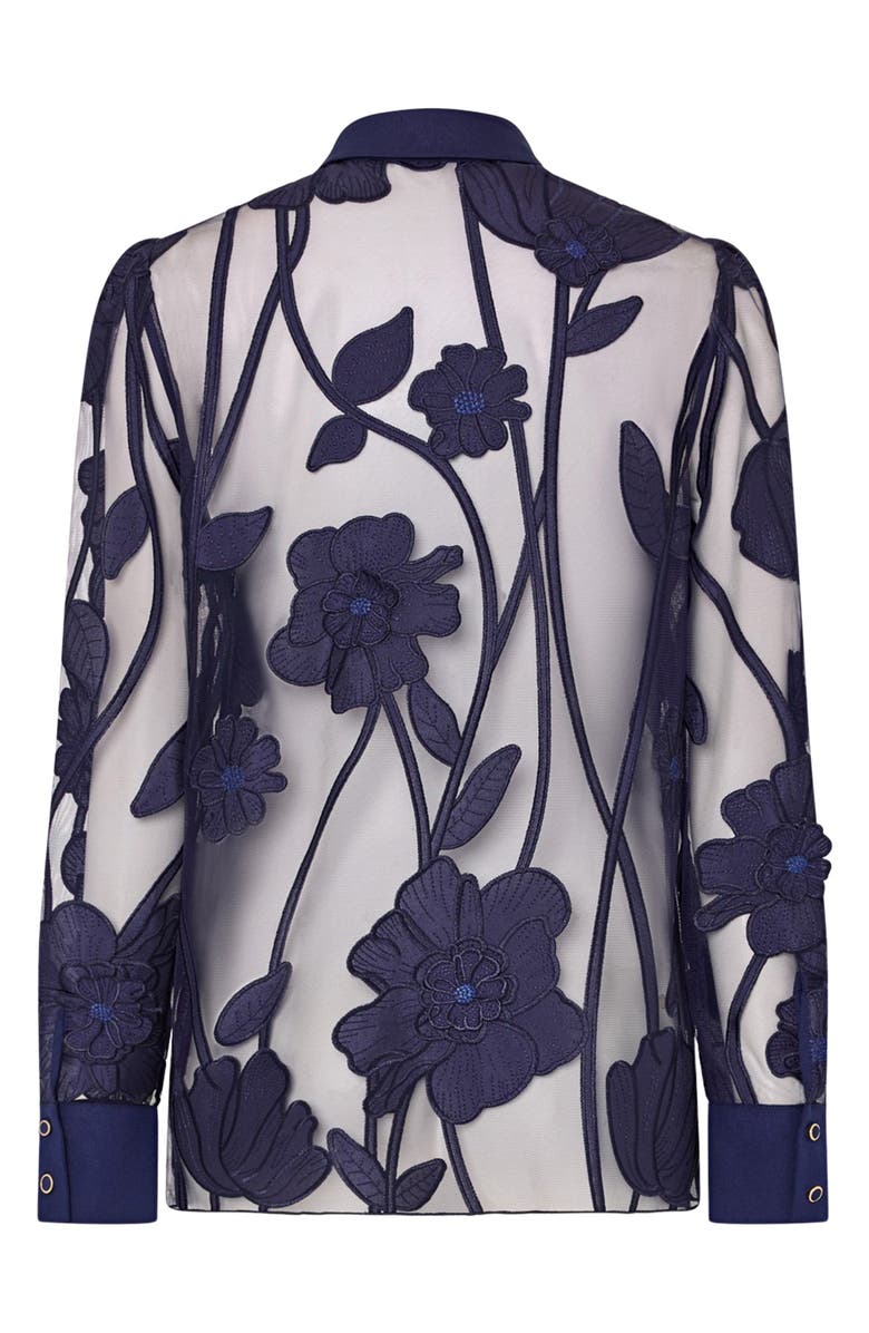 Milly Ashton Grand Fleur Appliqué Sheer Button-Up Shirt, Alternate, color, Navy