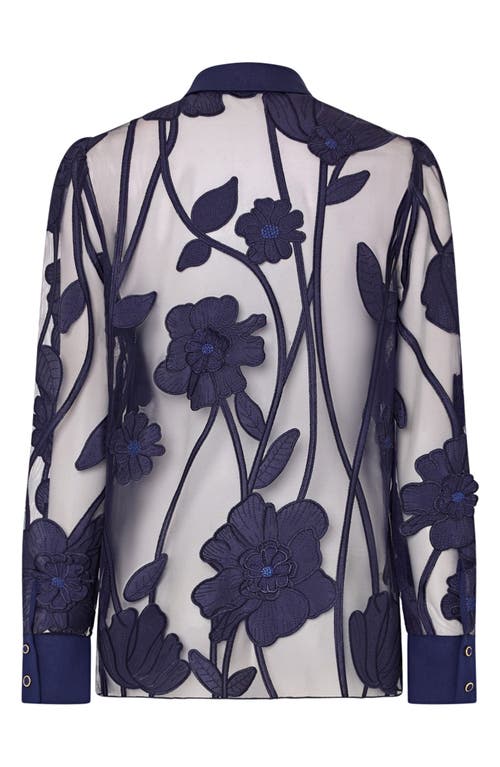 Milly Ashton Grand Fleur Appliqué Sheer Button-up Shirt In Blue