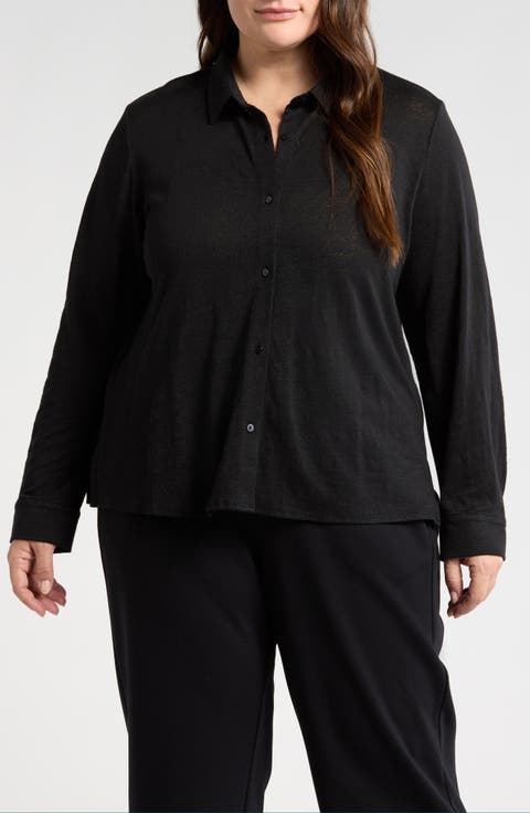 Classic Collar Organic Linen Button-Up Shirt (Plus)