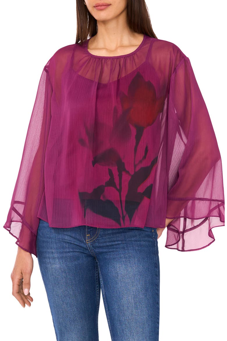 Floral Flutter Bell Sleeve Top, Main, color, SWEET PLUM