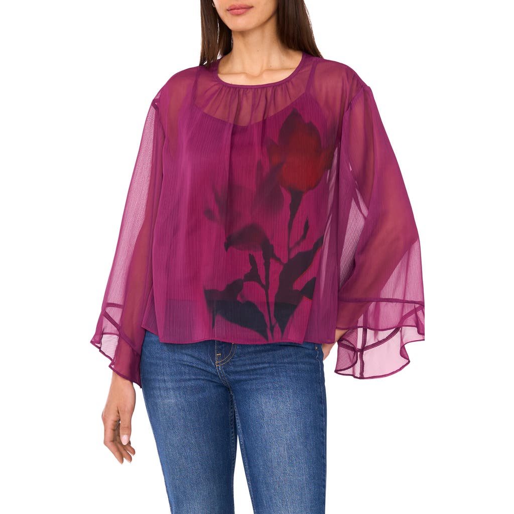 Vince Camuto Floral Flutter Bell Sleeve Top In Pink