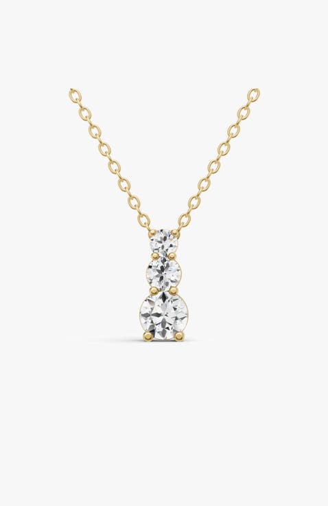 14K Gold 1 ct Round Lab Grown Diamond Three Stone Snow Hidden Bail Pendant